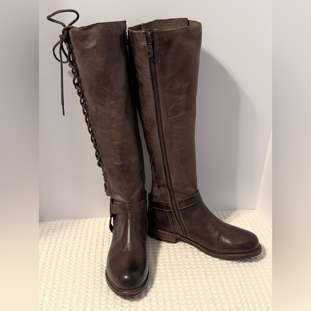 WOMENS Bed Stu Burnley Lace Up Taupe Tall Distressed Leather Boots SZ 9.5